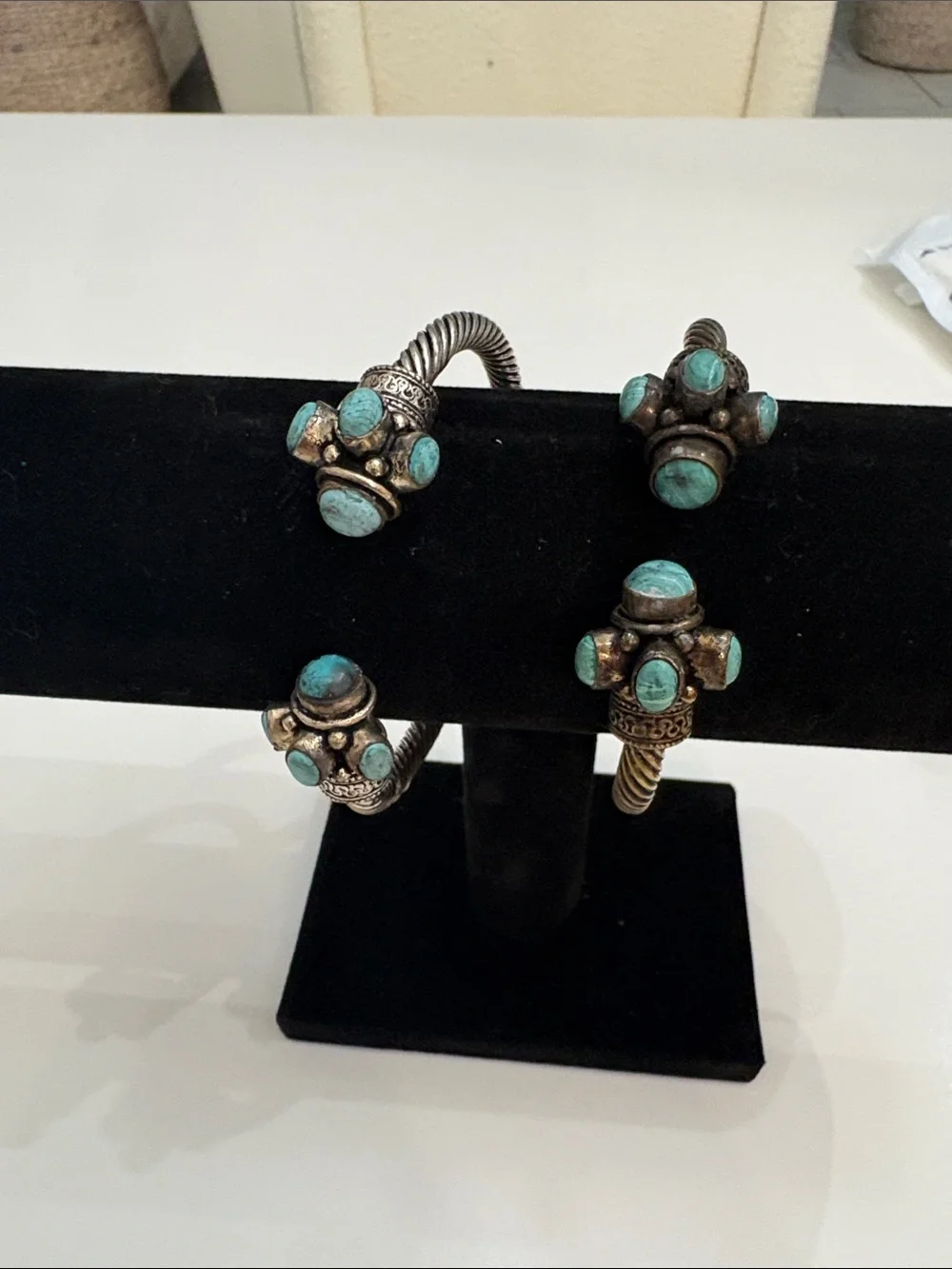 Vintage Tribal Silver Plated Cable Cuff Bracelets-2 Bangle Torque w/ Turquoise